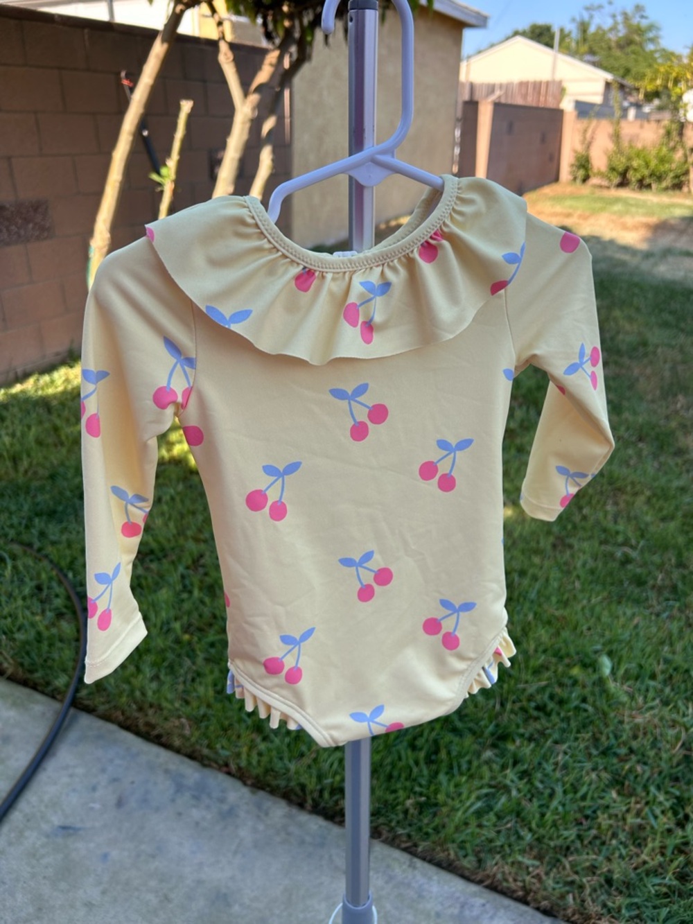 Cotton On Yellow Long-Sleeve Ruffle Neck Swim Top with Pink Cherry Print